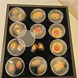 Russian brouches/ pendants/earrings hand painted and some signed 12 per set